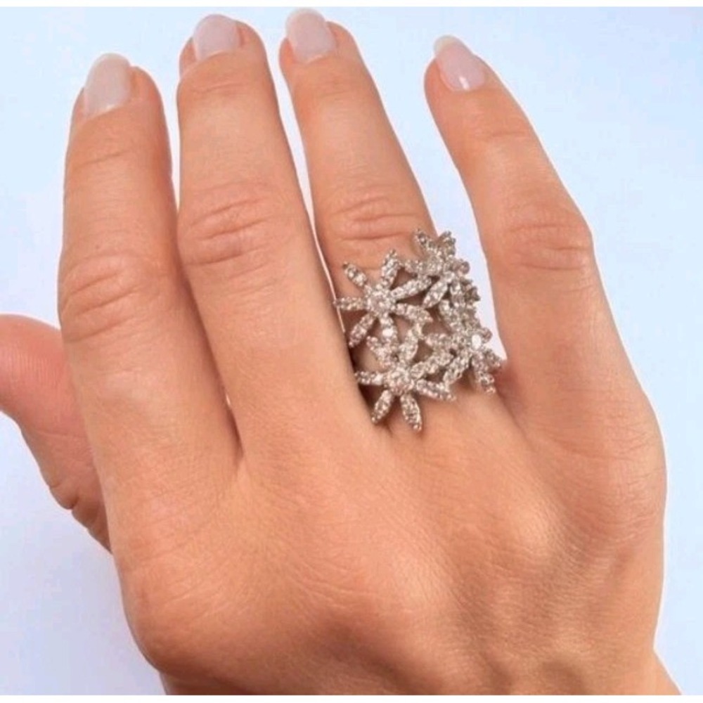 Vintage 925 Sterling Silver Cubic Zirconia Cluster Floral Statement Ring Size 7 - Picture 9 of 10